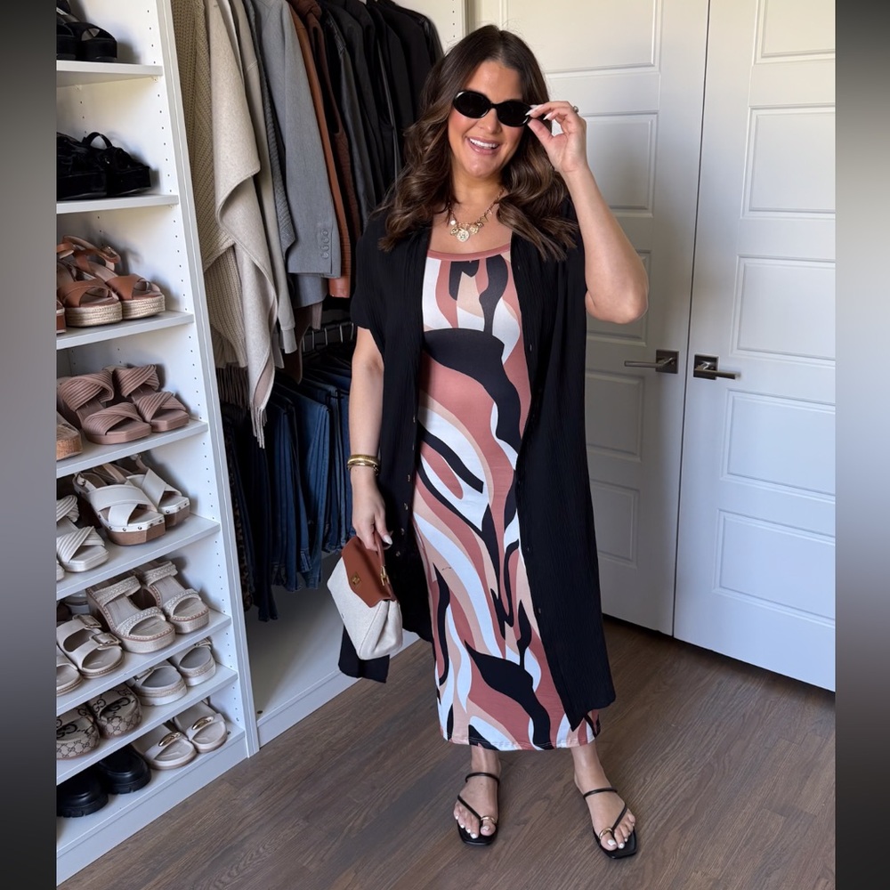 Abstract Print Midi Dress with Black Overlay